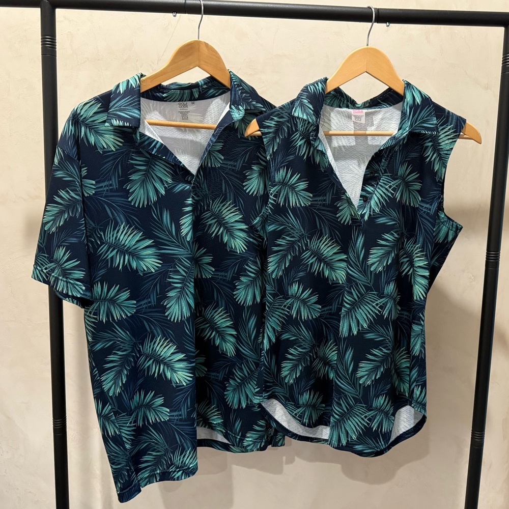 TWINNING!! :). Ladies L Men’s M
Tropical Leaf Print Shirt and Blouse Set